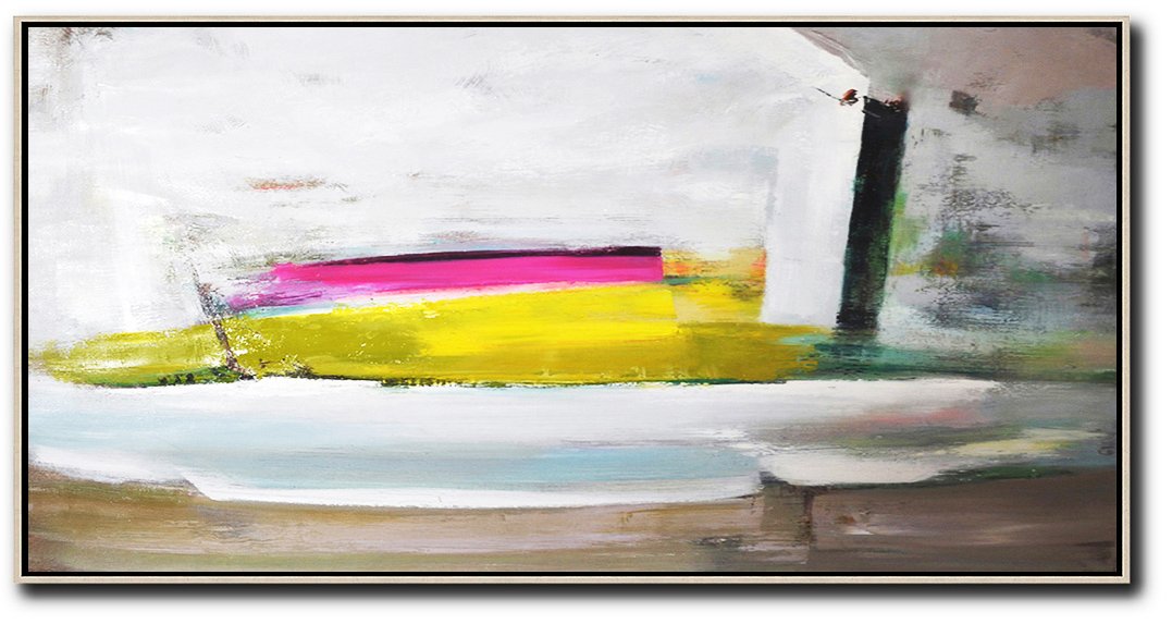 Huge Wall Decor,Horizontal Palette Knife Contemporary Art Panoramic Canvas Painting,Decorating A Big Living Room,White,Brown,Yellow,Pink.etc